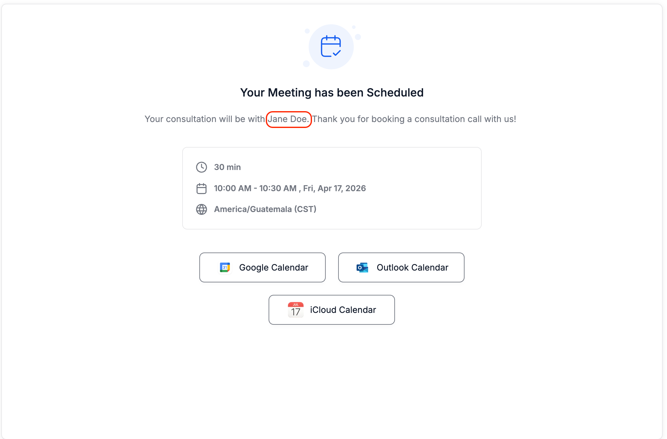 calendar confirmation page