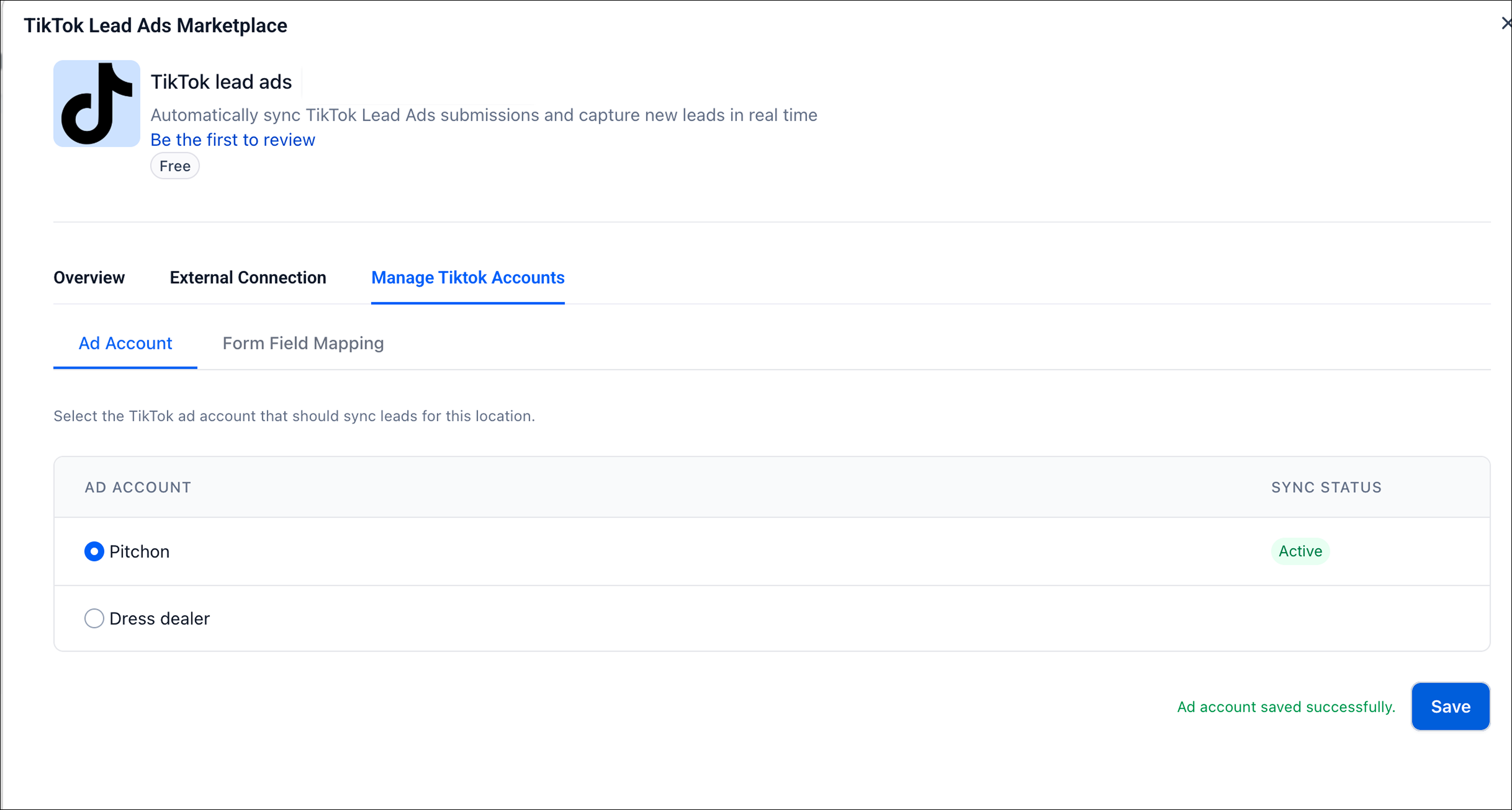 Connected Account screen