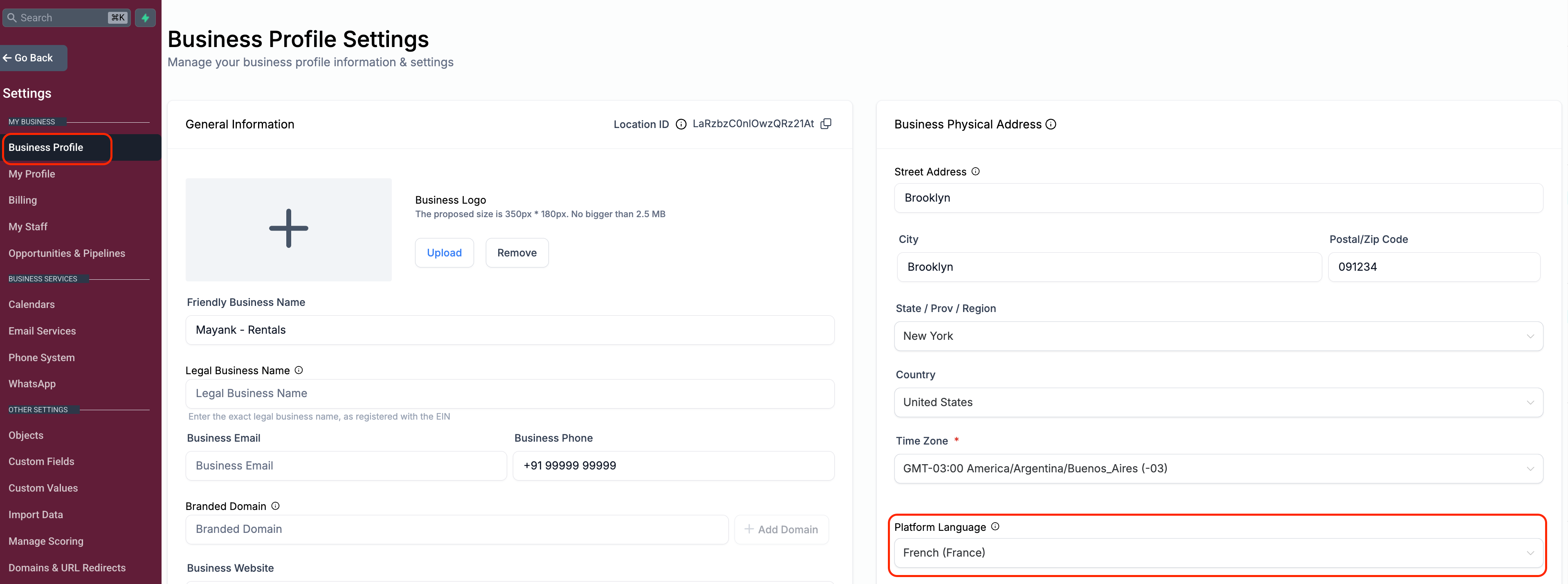 business profile settings