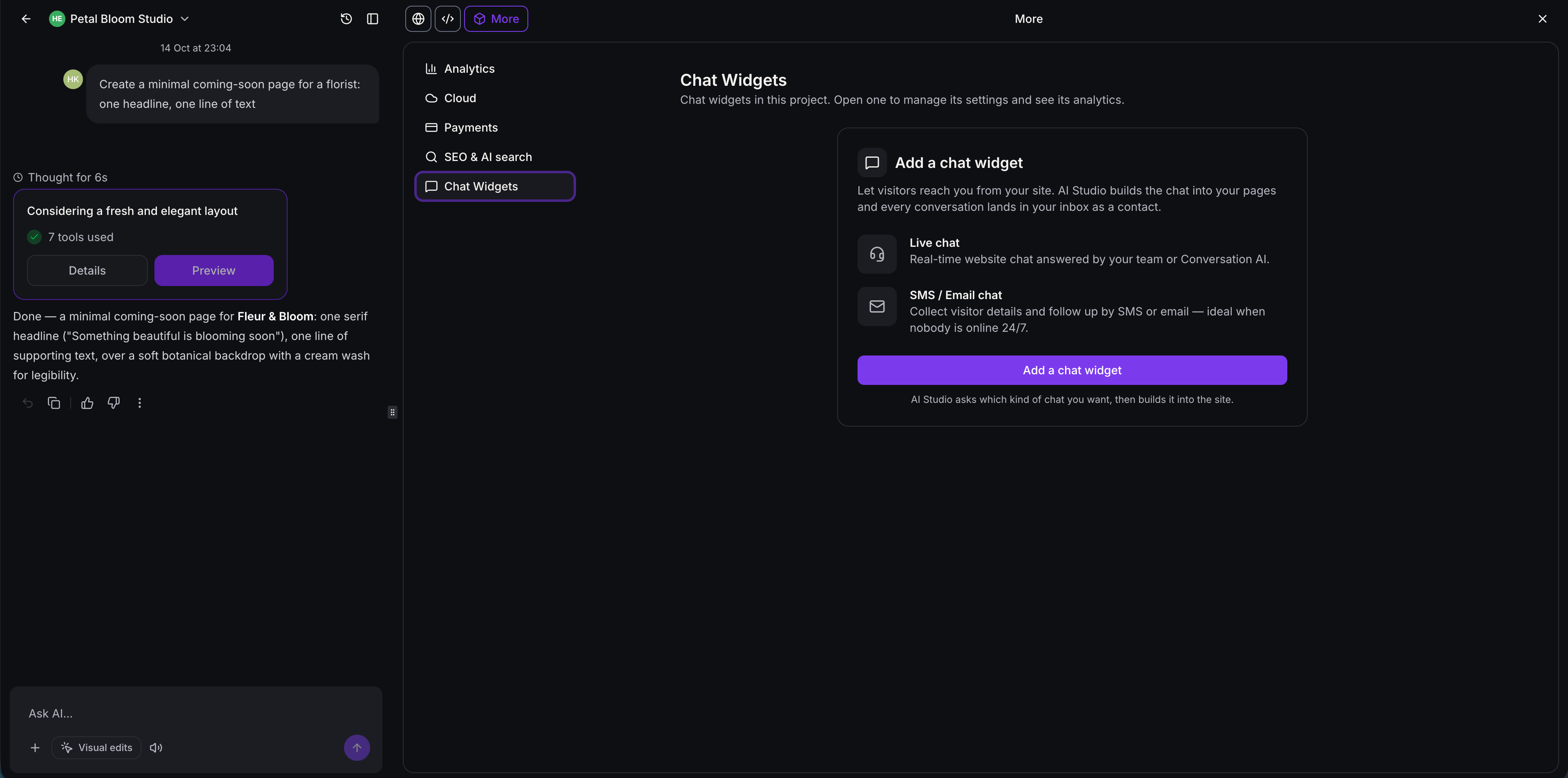 Chat Widgets tab in AI Studio