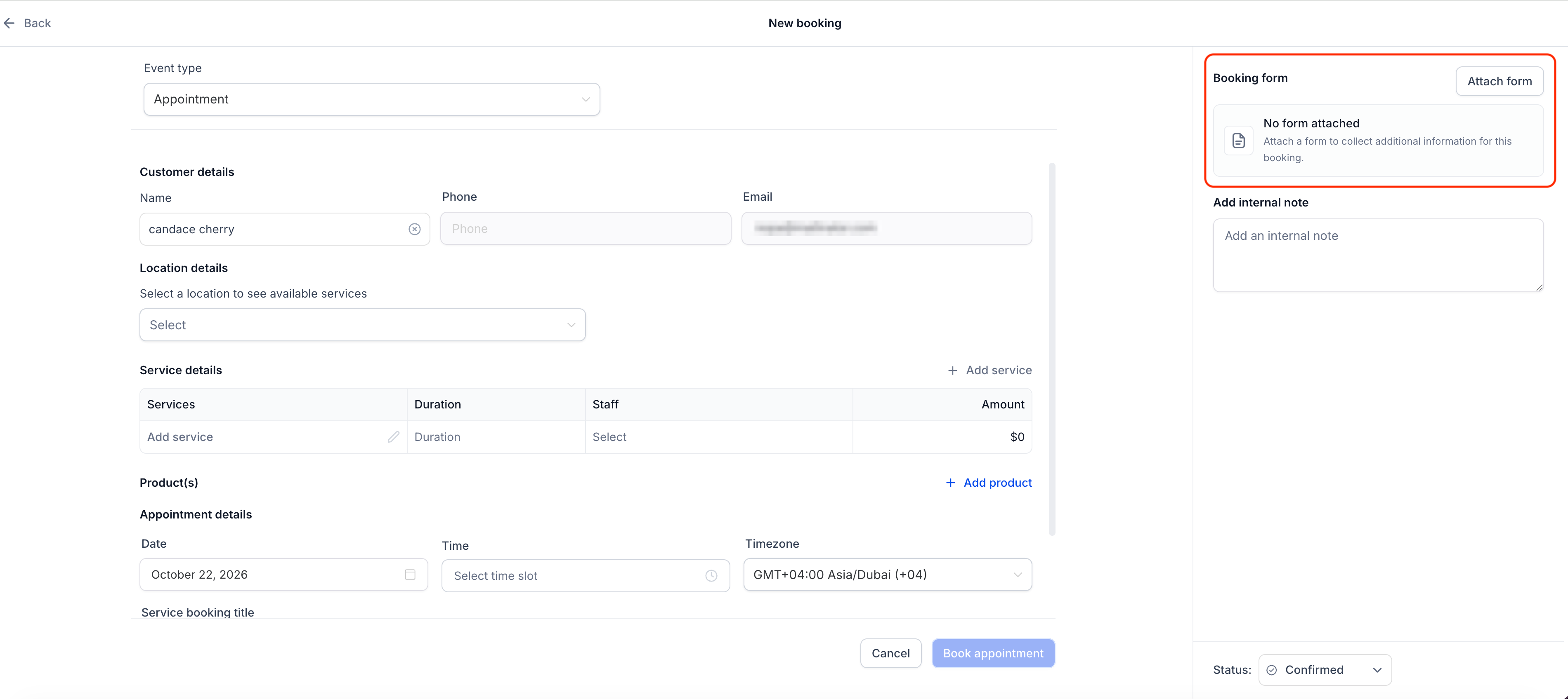 Services - new booking -form