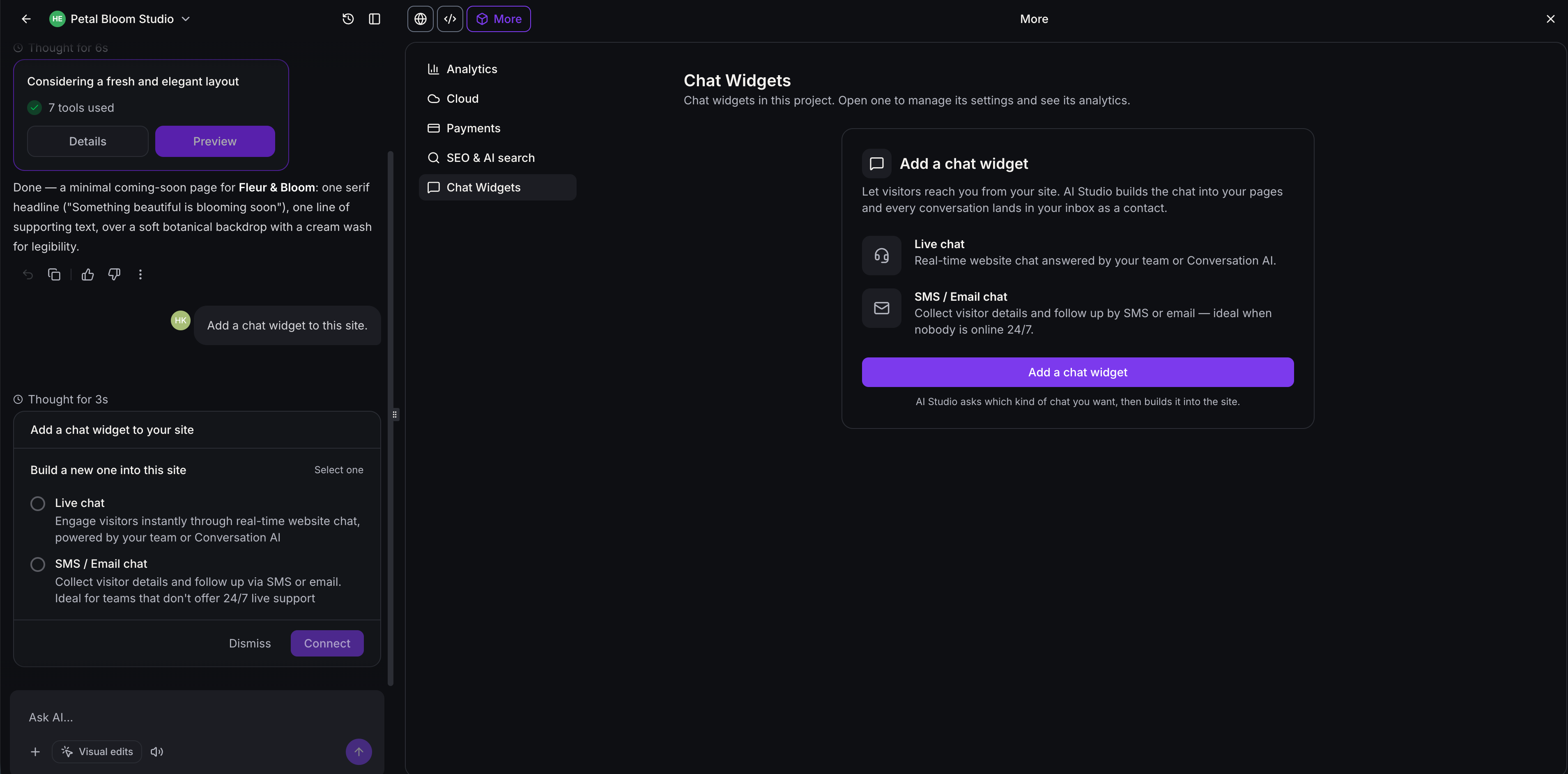 Ask AI Studio to add a chat widget