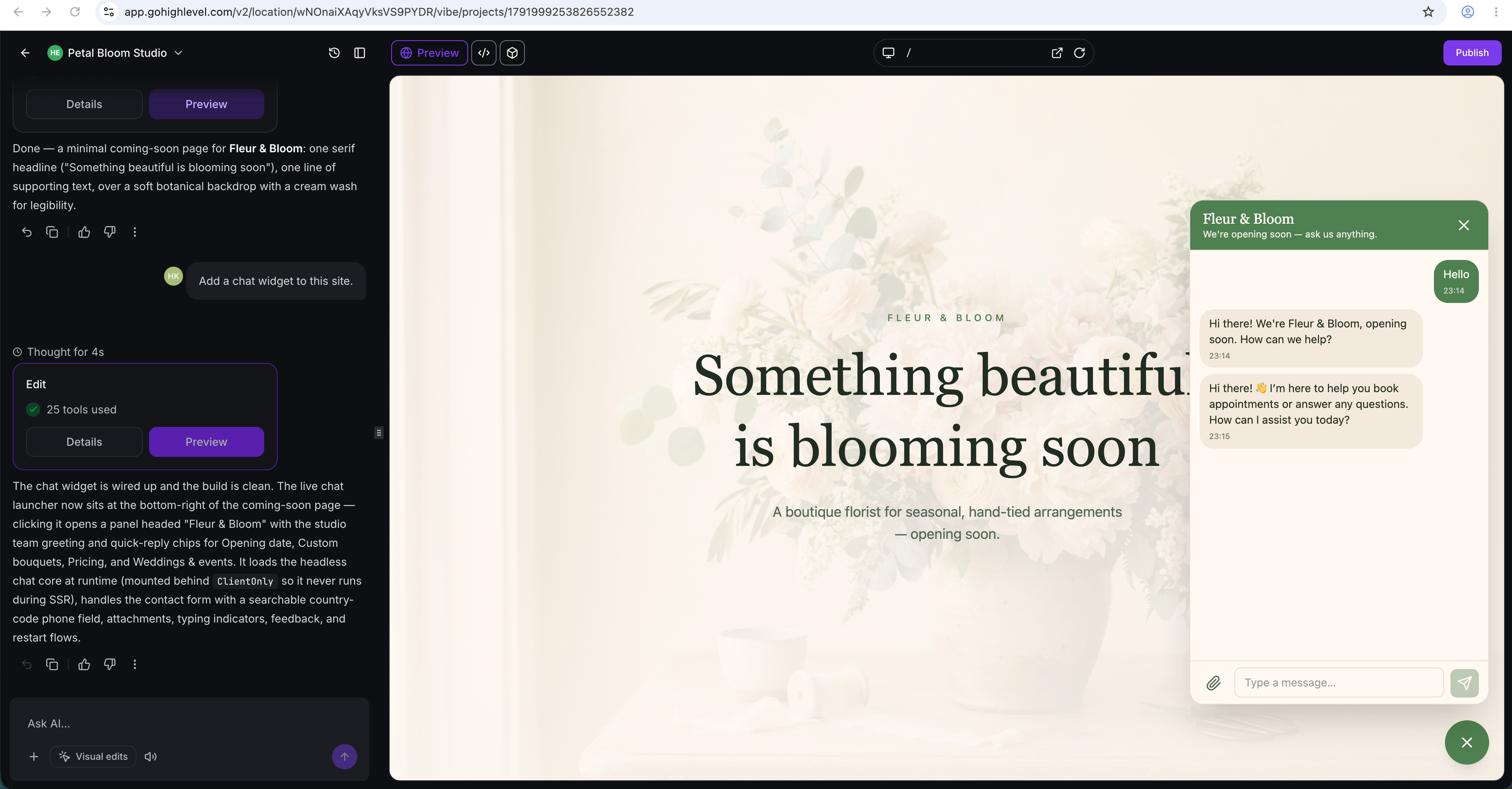 Live conversation in the chat widget
